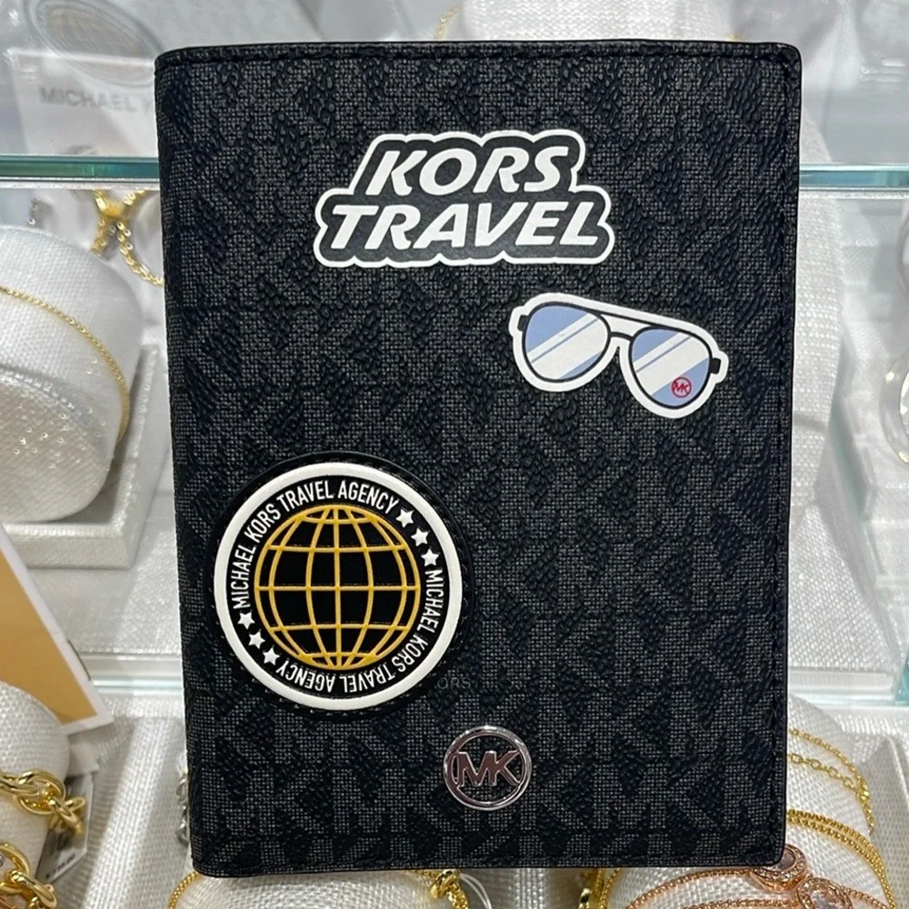 Michael Kors Jet Set Travel Md Embellished Signature Logo Passport Case Black